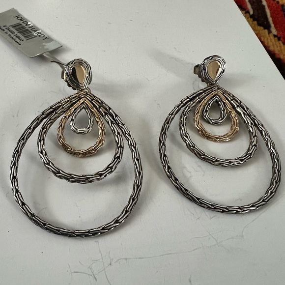 John Hardy Classic Chain Carved Drop Silver & 18k Earrings
